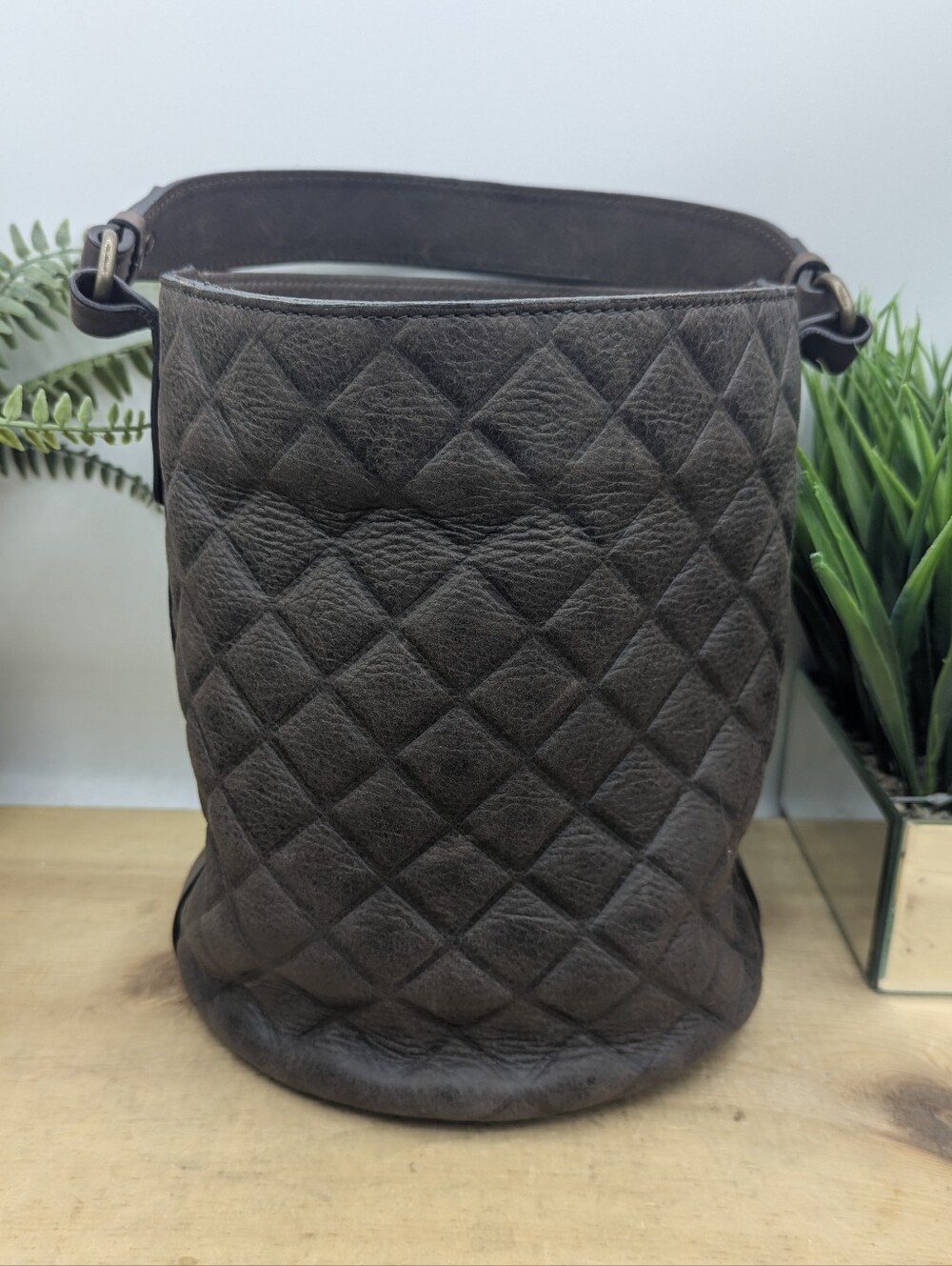 A. Bellucci Brown Leather Bucket Bag Purse Pull Up Drawstring Liner